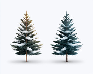 Obraz premium pair of snow covered evergreen trees stand side by side, showcasing their lush green foliage and frosty branches. serene winter scene evokes sense of tranquility and holiday spirit