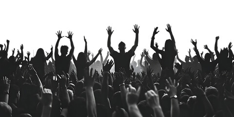 Excited crowd with raised hands at concert isolated on white  background.AI GENERATED