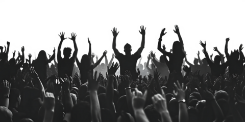 Excited crowd with raised hands at concert isolated on white background.AI GENERATED
