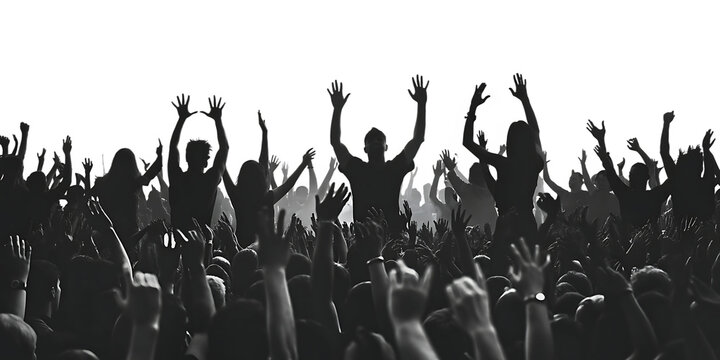 Excited crowd with raised hands at concert isolated on white  background.AI GENERATED