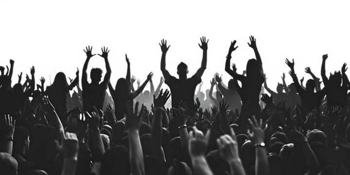 Excited crowd with raised hands at concert isolated on white  background.AI GENERATED