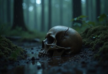 Close-up of a skull in the mud in a forest scene in rainy dark night, blurred background, low angle