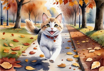 Running cat, autumn day