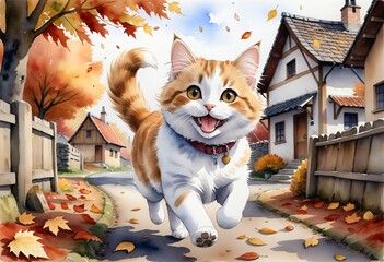 Running cat, autumn day