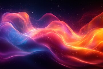 Fototapeta premium Abstract glowing waves of red, orange, and blue with dark background and sparkling particles.