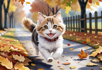 Running cat, autumn day
