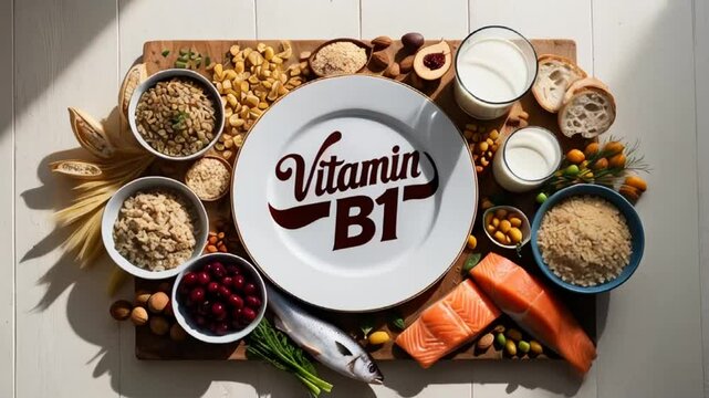 Various fresh food, cereals, fish with the inscription vitamin B1

