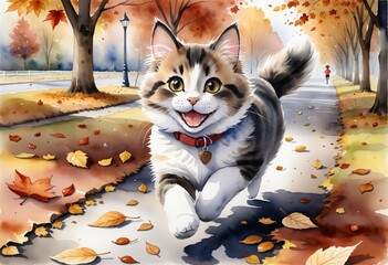 Running cat, autumn day