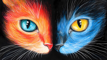 A simple, easy drawing of cats for kids using wax crayons, with rounded faces, big eyes, and cute whiskers. Each cat has tiny ears, a happy smile, and a long, curled tail.