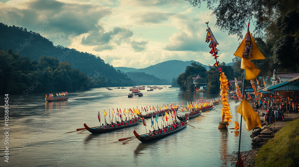 Wall mural Bon Om Touk, colorful long boats line up on the river as the race begins, rowers row in perfect synchronization, Ai generated images