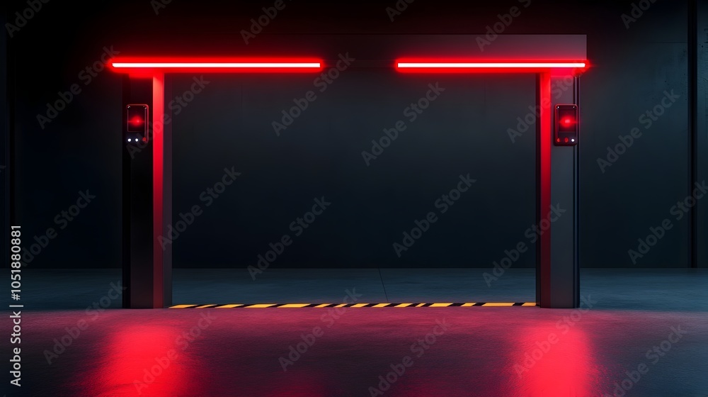 Poster flashing red alert security entrance gate capturing detailed mechanics of detection system