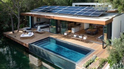 Fototapeta premium An aerial picture of a contemporary house that emphasizes luxury and sustainability with a clear blue pool, a wooden deck area with outdoor furniture, and solar panels on the roof