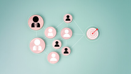 Dartboard and red arrow connection linkage with human icon for customer focus target group and...
