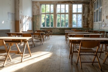 Obraz premium A Glimpse into Time: The Empty Classroom Evoking Nostalgia and Memories in a Sunlit, Forgotten Space Filled with Potential