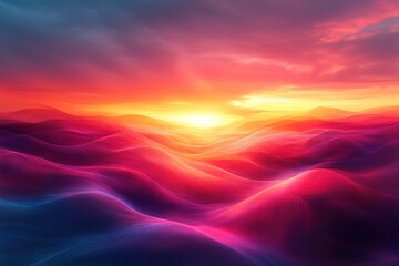 Abstract landscape with vibrant colors and a fiery sunset.