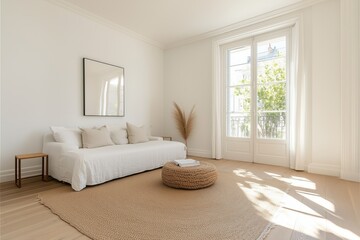 Fototapeta premium Modern Minimalist Living Room: A Spacious Room with Clean Lines and Natural Light