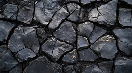 Fototapeta premium Cracked black stone surface, rough texture, geological formation, natural pattern