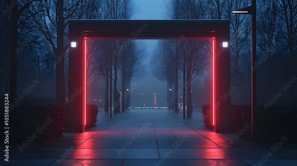 Poster futuristic entrance gate with glowing infrared security sensors in dark environment