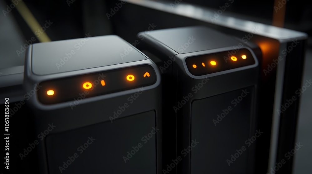 Poster sleek black access control scanner gate panel with glowing touch sensors