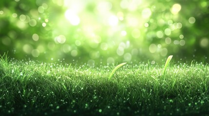 Obraz premium Lush green grass with dew glistens under a soft, dreamy bokeh background, AI