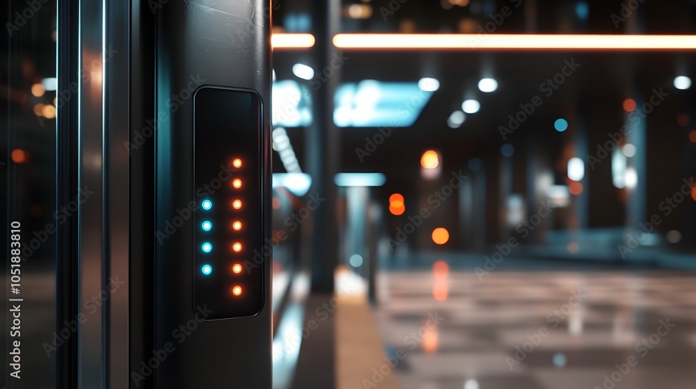 Poster sleek black scanner gate panel with touchscreen access controls and glowing status indicators