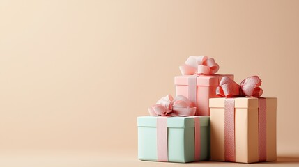 Obraz premium Present with mistletoe decoration, beige background, holiday greeting card concept