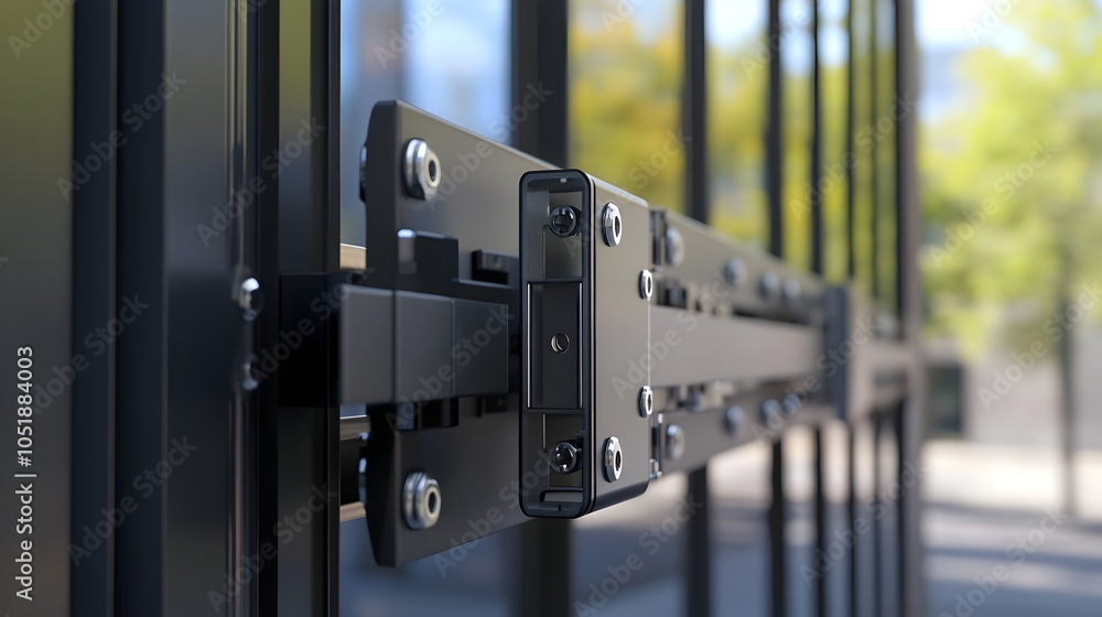 Poster close-up of metal automatic gate's locking and hinge system showcasing engineering