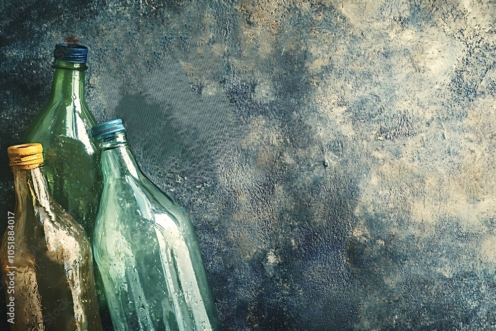 Poster empty glass bottles are lying on a dark background, creating a concept image related to recycling, s