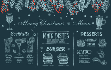 Christmas and New Year menu cafe. Template design. Hand drawn illustrations. Vector.