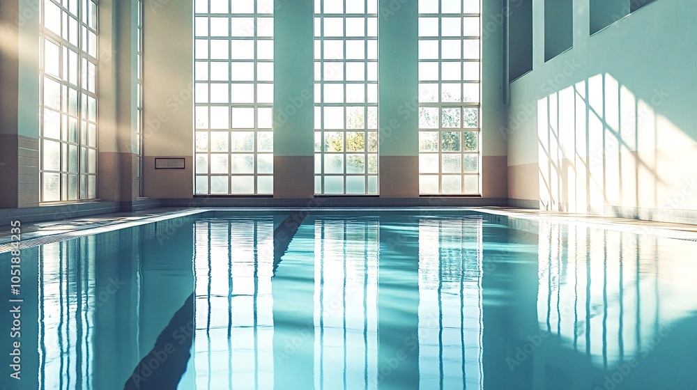 Poster sunlight is streaming through large windows in an empty indoor swimming pool, illuminating the tranq
