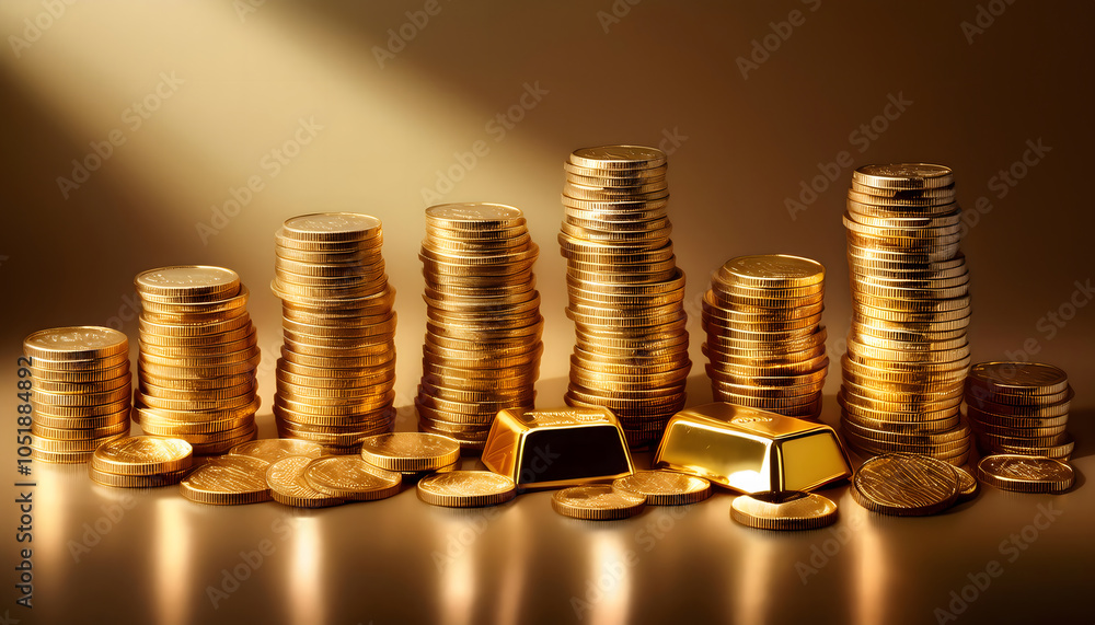 Poster a glimmering display of wealth stacks of gold coins and bars illuminated