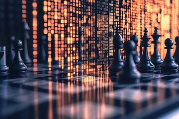 Chess pieces stand on a chessboard, with glowing binary code in the background, representing the intersection of strategy, technology, and digital innovation in modern competition