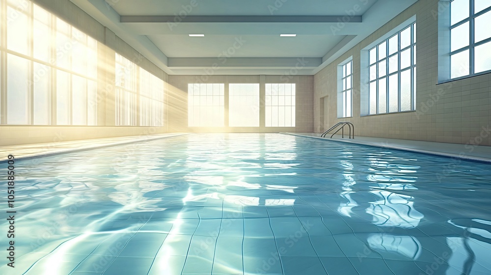 Poster sunbeams are illuminating the calm water surface of an empty indoor swimming pool in a modern buildi
