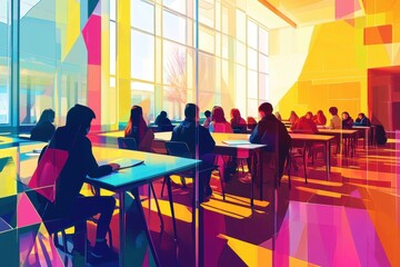 Abstract illustration of a colorful student exam hall