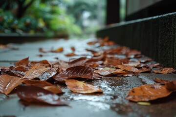 A Mesmerizing Display of Autumn's Resilience: The Dance of Drenched Leaves on a Misty Pathway