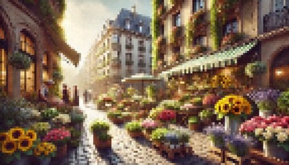 Fototapeta premium sunlit street market scene, lined with buildings adorned with greenery and flowers. There are various flower stands with colorful arrangements, creating a lively and inviting atmosphere