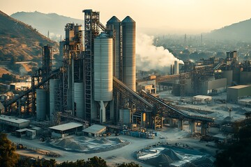 Fototapeta premium Industrial facility with silos and smoke in the background.
