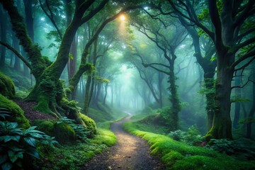 Obraz premium Dark Green Fantasy Forest Path with Foggy Morning Dew - Surreal Photography
