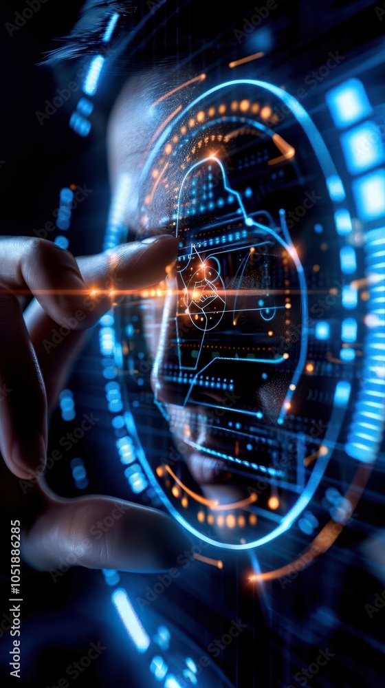 Poster a person interacting with futuristic technology holograms and data visualization.