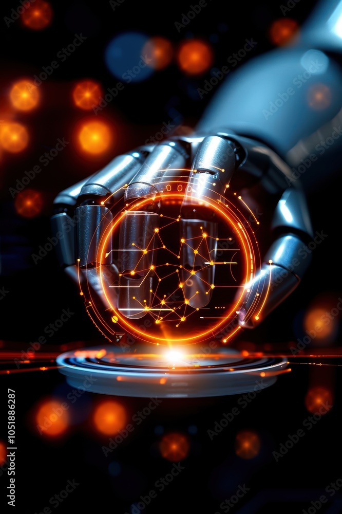 Poster a robotic hand holding a glowing orb with interconnected digital patterns, symbolizing advanced tech