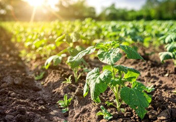 Obraz premium Abundant Field of Potato Plants with Detailed Leaves and Tilled Dirt