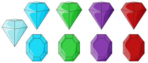 Set flat style precious stones template design isolated white. Collection of faceting diamond topaz emerald ruby. Vector illustration. EPS10