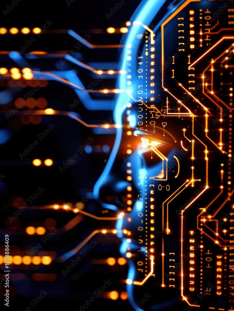 Poster abstract representation of a digital brain with glowing circuits and connections against a dark back