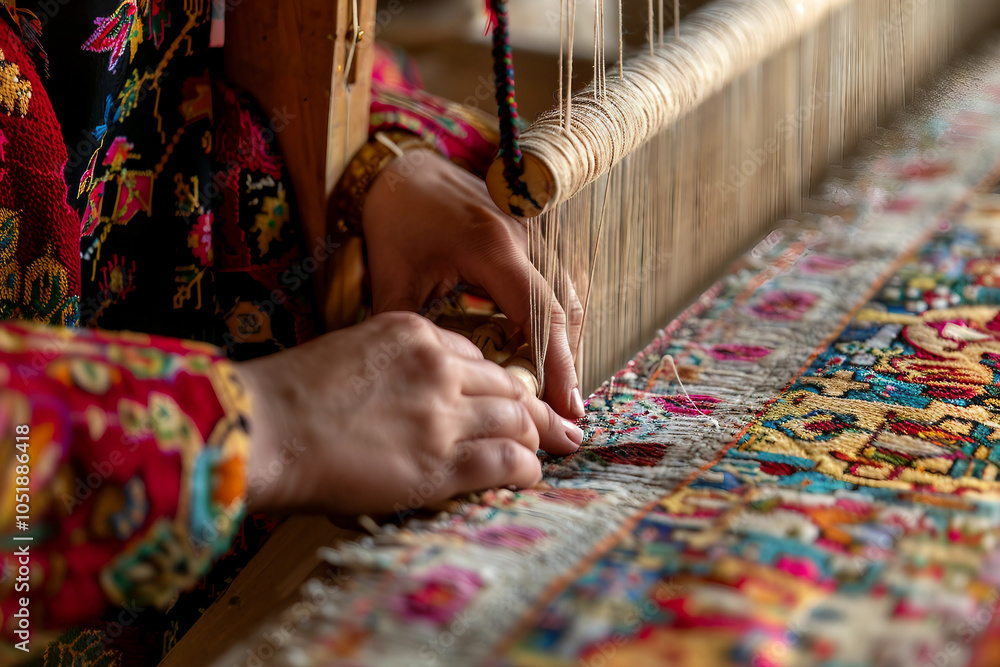 Poster weaver actively working on a colorful tapestry using a traditional wooden loom generative ai image