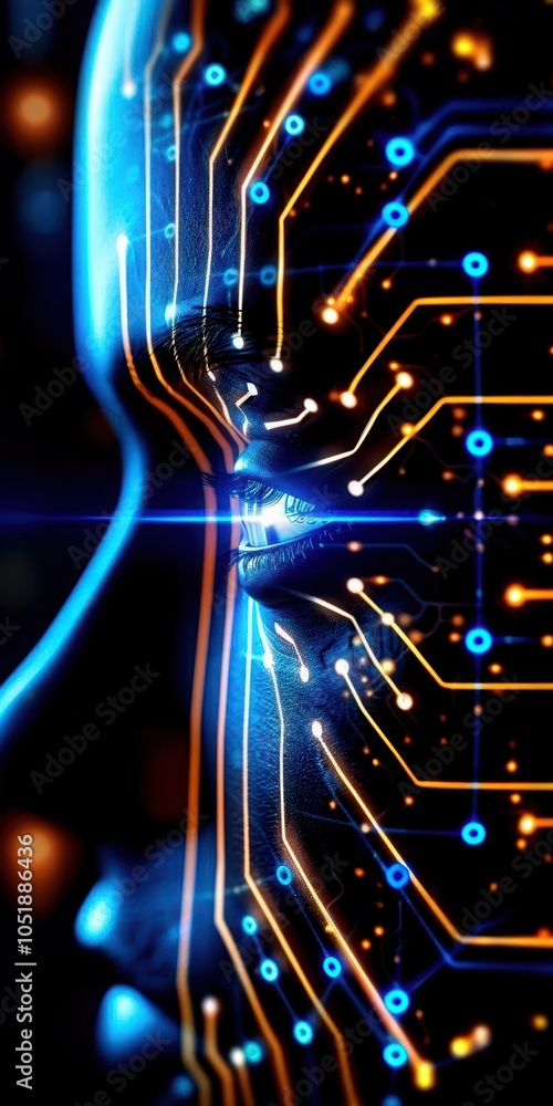 Poster abstract representation of artificial intelligence with glowing circuits and a human-like profile.