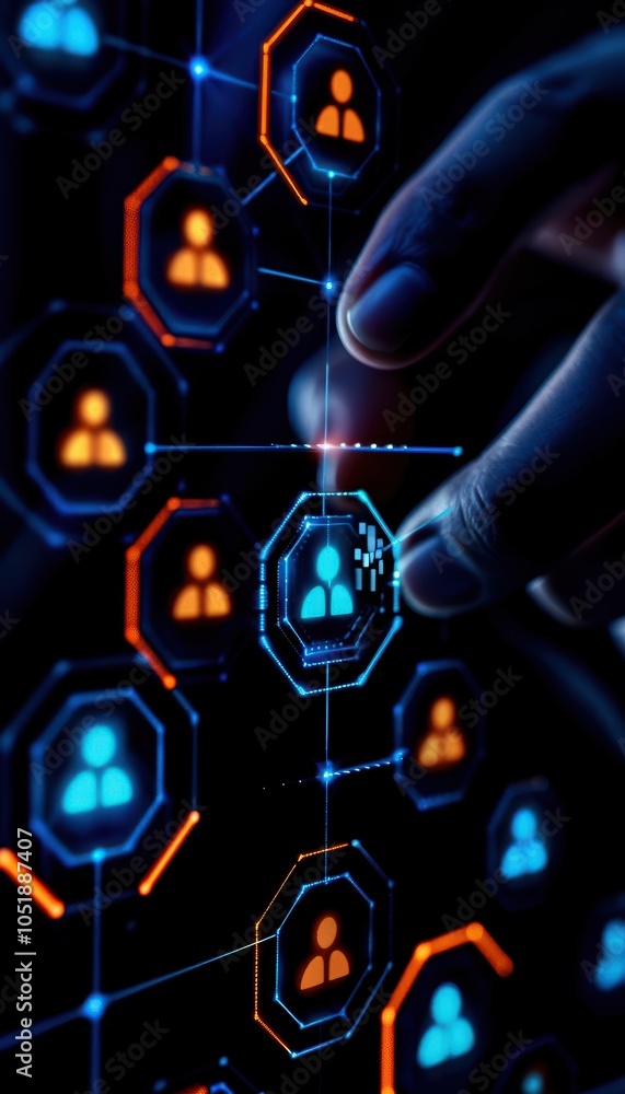 Poster digital network connections demonstrated by a hand interacting with user icons on a futuristic inter