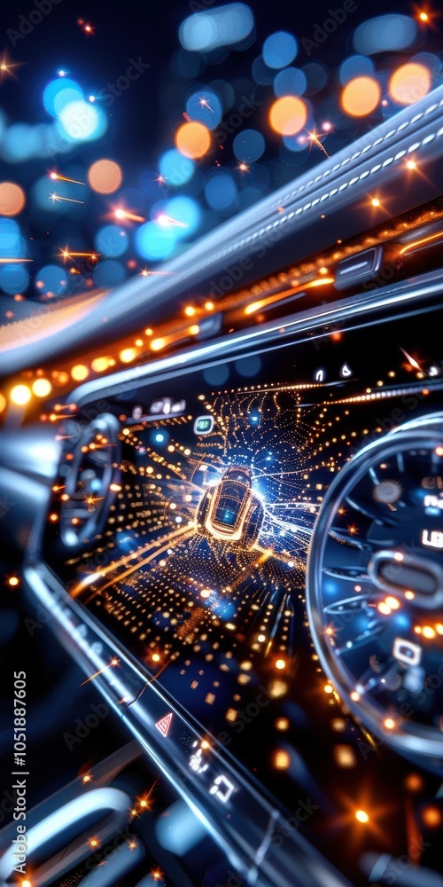 Poster futuristic car dashboard with glowing lights, abstract data display and vibrant bokeh effects.