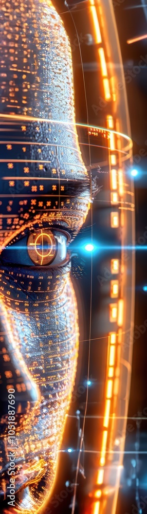 Poster futuristic digital face with glowing circuits, representing artificial intelligence and innovation.