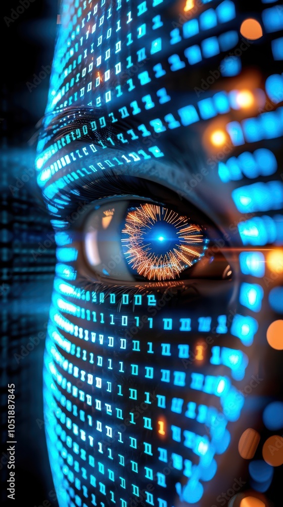 Poster futuristic eye design with digital data patterns and vibrant colors illustrating advanced technology