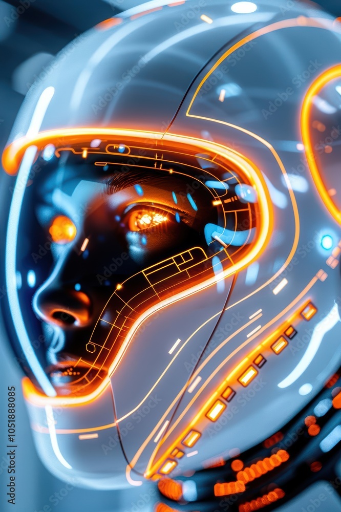 Poster futuristic robot face with glowing circuits on a sleek surface.